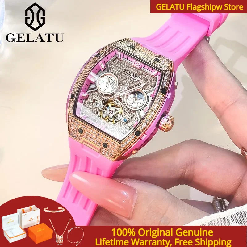 GELATU 6016 Women Watch Luxury Full Diamond Hollow out Dial Silicone Waterproof Moonphase Watch Women Automatic Mechanical Watch