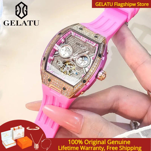 GELATU 6016 Women Watch Luxury Full Diamond Hollow out Dial Silicone Waterproof Moonphase Watch Women Automatic Mechanical Watch