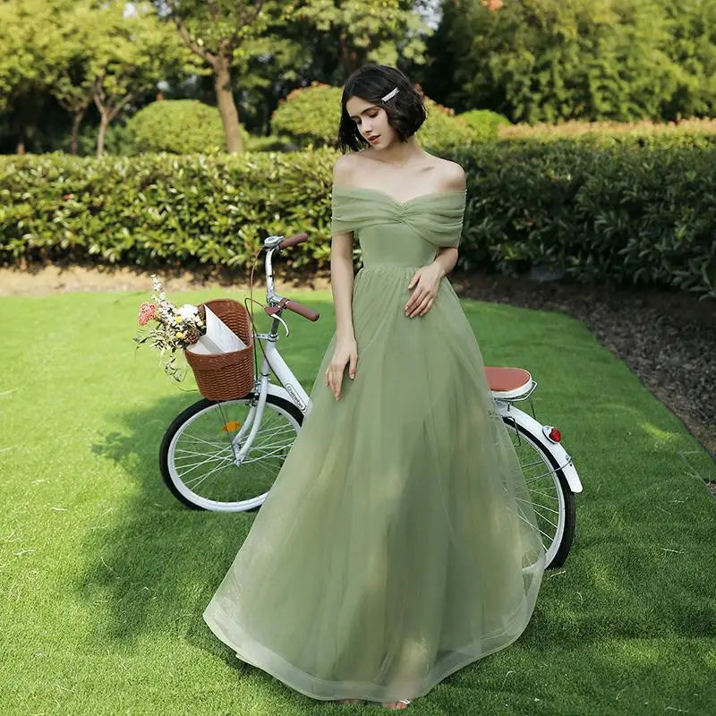 Elegant 4 Styles Green Tulle Bridesmaid Dress Floor Length Off Shoulder A-Line Gown Simple Solid Wedding Party Guest Vestido
