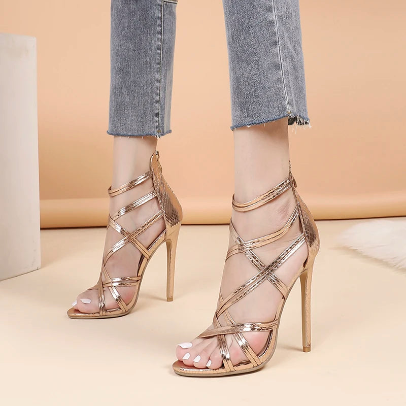 New Fashion Gold Sandals Women Patent Leather Open Toe High Heels Lady Wedding Dress Party Shoes Back Zipper
