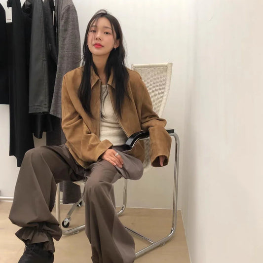 Lowclas*ic Silver Gold Suede Jaet Zipper Flip Collar Slimming Outerwear Women's Commute Sle Regular Length Autumn 2025