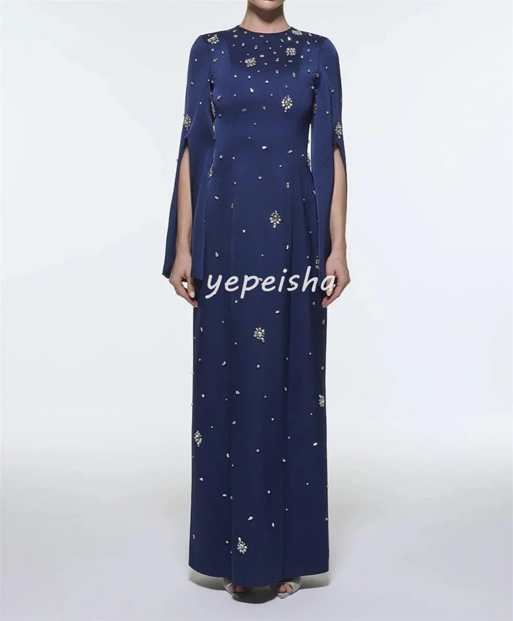 Customized Modern Style Retro Charmeuse Sequined Rhinestone Draped Straight O-Neck Long Dresses Bespoke Occasion Dresses Fashion