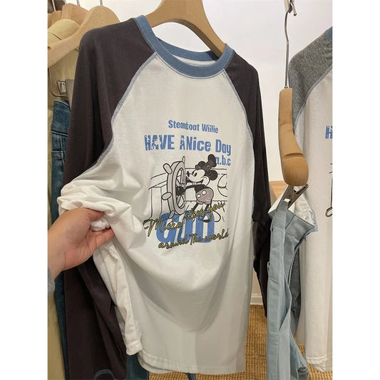 Summer Lightweight Long Sve T-irt Women's Snowflake Cotton Printed Casual Loose Fit round Ne Cartoon Design Top