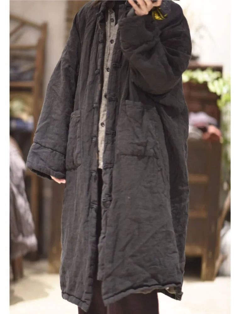 Johnature Women Linen Vintage Winter Parkas Button Coats Pockets Stand Long Sleeve 2025 Chinese Style Women Clothes Long Parkas