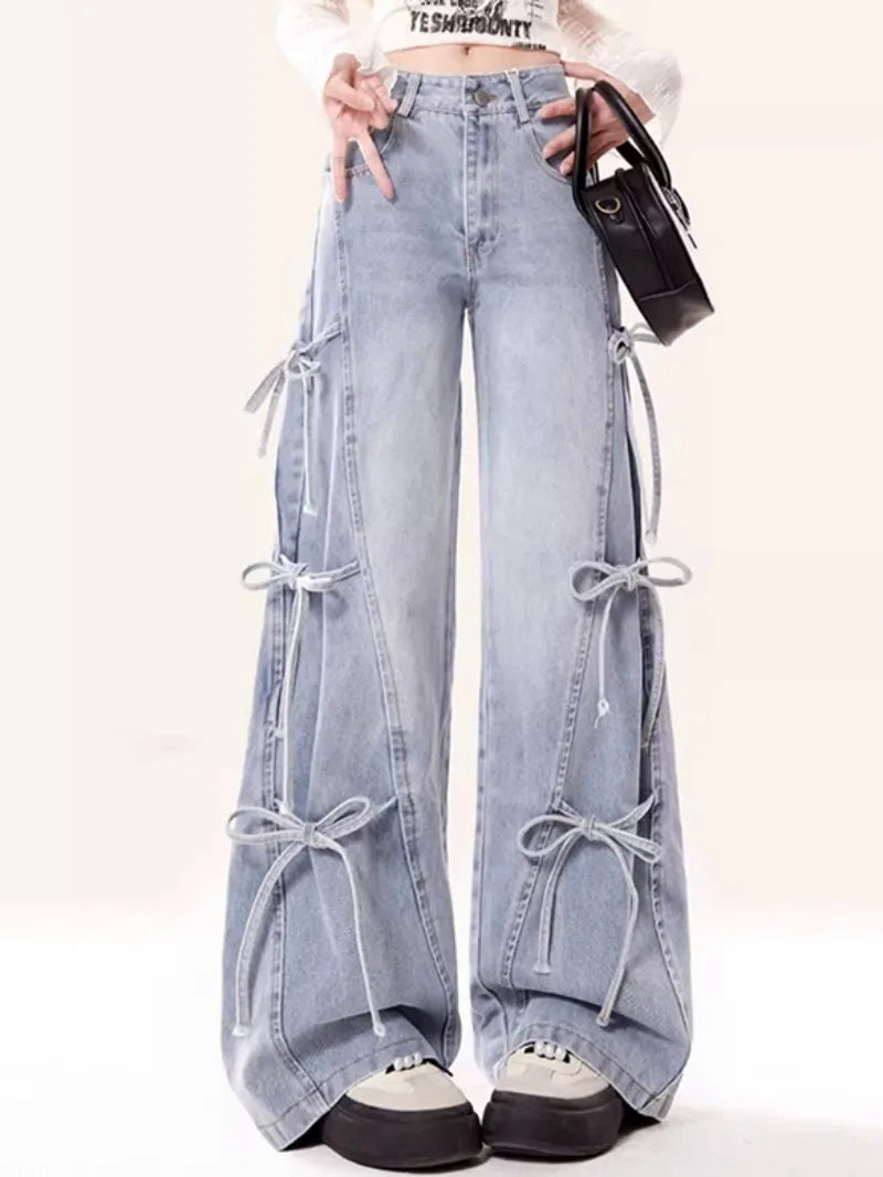 Jeans Women Vintage Bow Design Baggy Wide Leg Trousers Autumn High Waist Students Young All-match Daily Harajuku Slouchy Chic