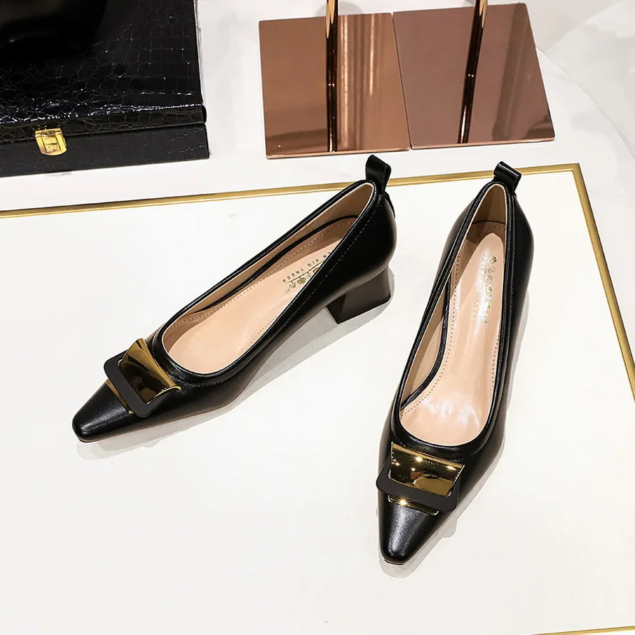 European and American Style Professional Women's Shoes With Shallow Mouth Small Square Toe Metal Buckle 4.5CM Thick Heel Shoes