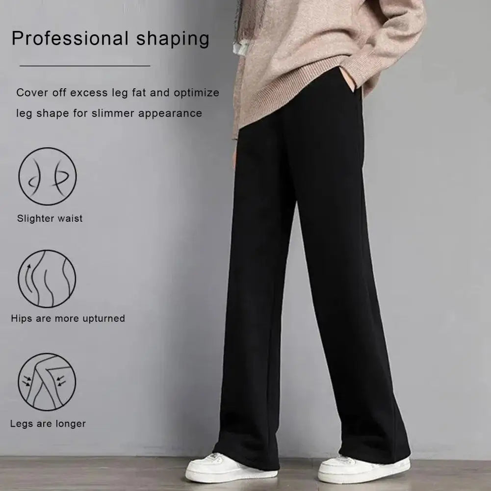 Women Pants Autumn Winter Fleece Lining Pants Elastic High Waist Straight Wide Leg Pants Solid Color Loose Fit Long Trousers