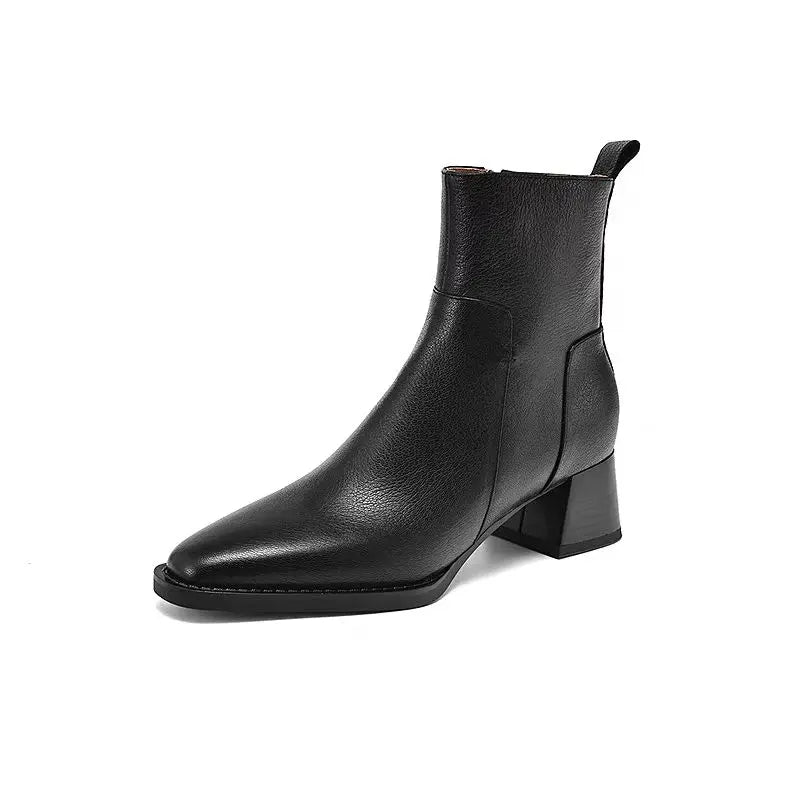 Leather thick heel autumn and winter new short boots, fashionable and trendy zipper mid heel retro short boots