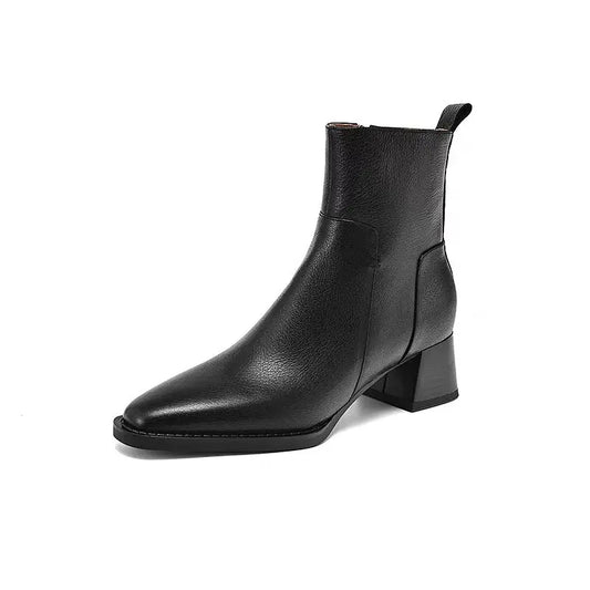 Leather thick heel autumn and winter new short boots, fashionable and trendy zipper mid heel retro short boots