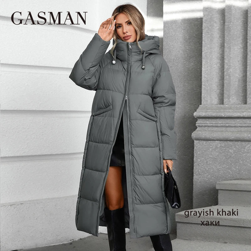 GASMAN 2024 Women down Jacket Long Classic zipper design Big Pocket Stand Collar Hooded Slim coat Women Parkas 88606