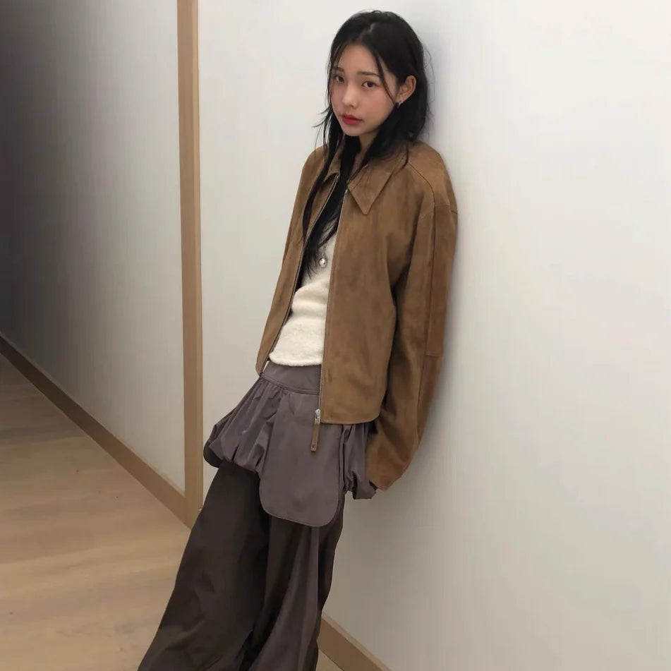 Lowclas*ic Silver Gold Suede Jaet Zipper Flip Collar Slimming Outerwear Women's Commute Sle Regular Length Autumn 2025