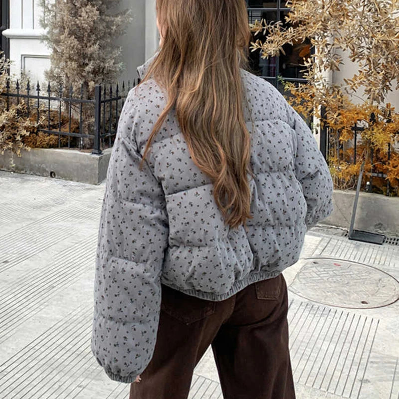 Fashionable Women Floral Cotton Coats Winter Korean Style Stand Collar Full Sleeve Tops Cute Warm Female Short Jackets