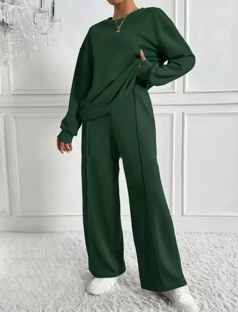 Two-piece Set For Woman Casual O-neck Long Sleeves Sweatshirt Wide-leg Pants Suits Autumn Winter Ladies Fashion Office Outfit