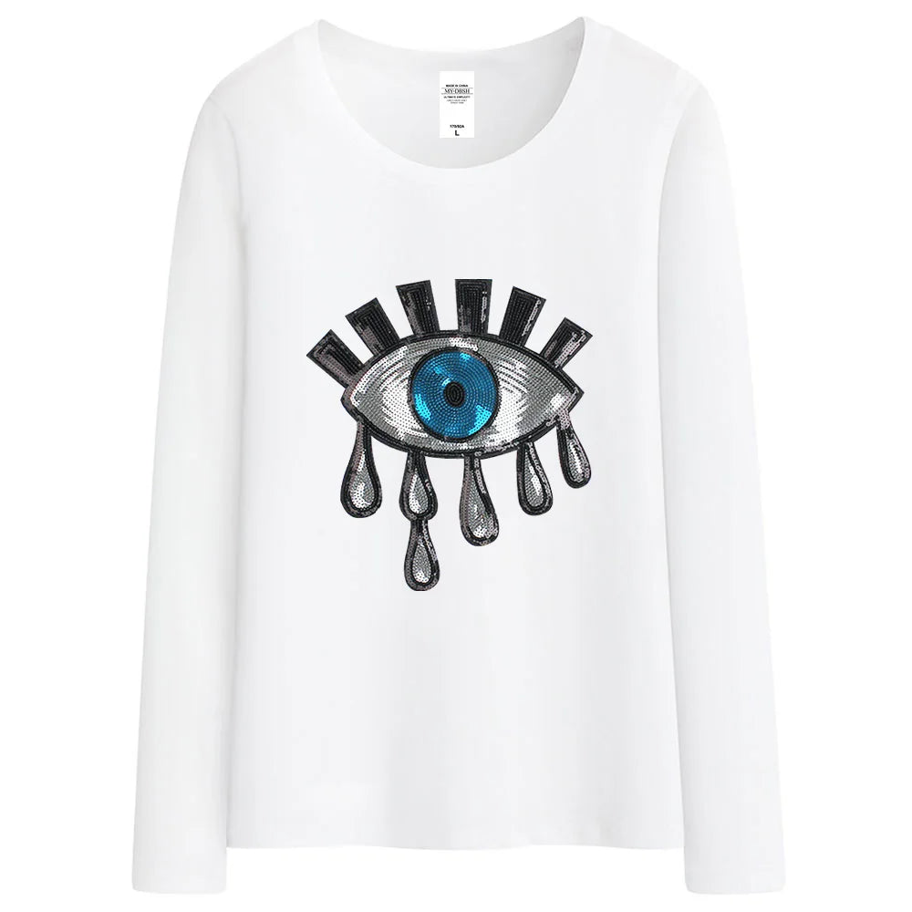 New Summer  Women Cotton Tears T Shirts Ladies Big Eyes Embroidery Sequins T-shirt Loose Style Casual Tshirt Women Casual Tops