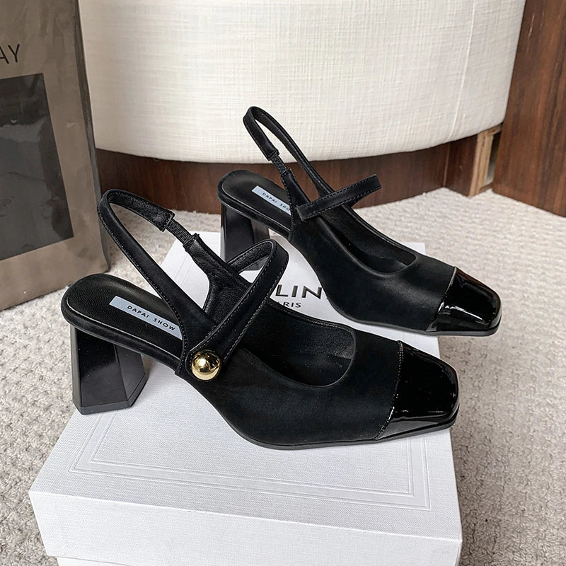 Summer Genuine Leather Toe Block Heel Mary Jane Shoes Women's High Heels Fashion Women's Shoes Comfortable and Elegant Sandals