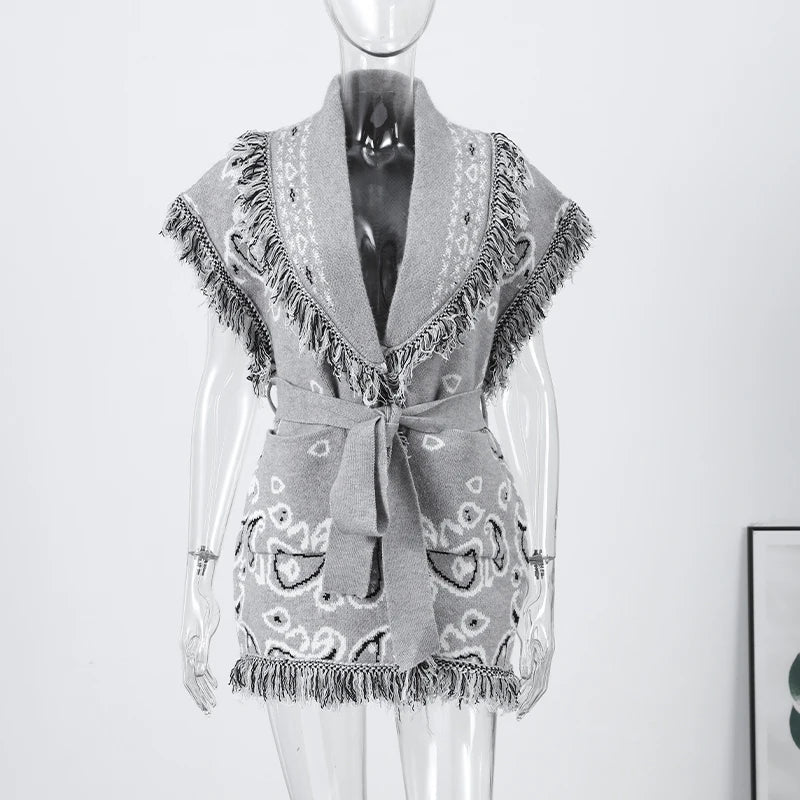 Fashion Lace Up Floral Tassel Patchwork Sweater For Women Elegant Long Sleeve Belt Knitted Cardigan Jacket Lady Chic Street Tops
