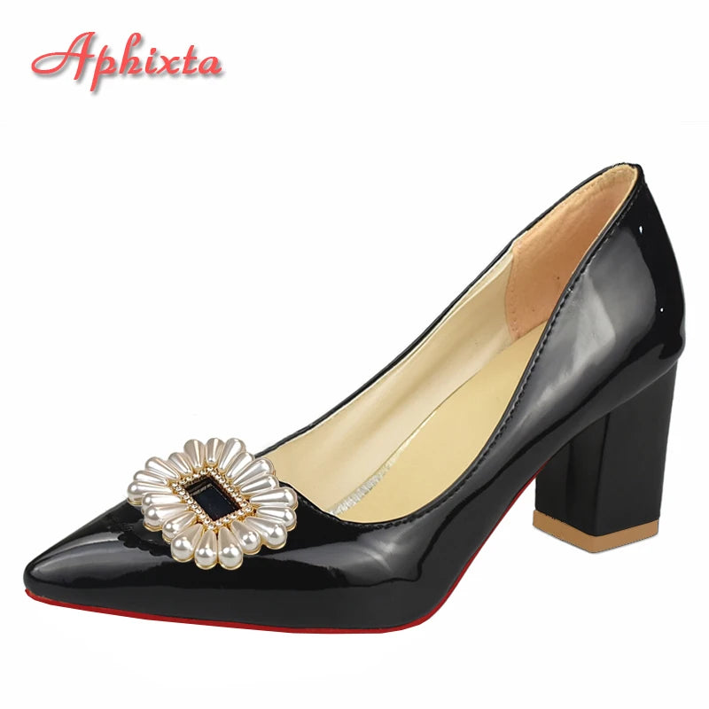 Aphixta 2025 Luxury Pearl Crystals Buckle Baby Pink Pumps Women Shoes Chunky Heel Parent-child Students Big Size 35-53