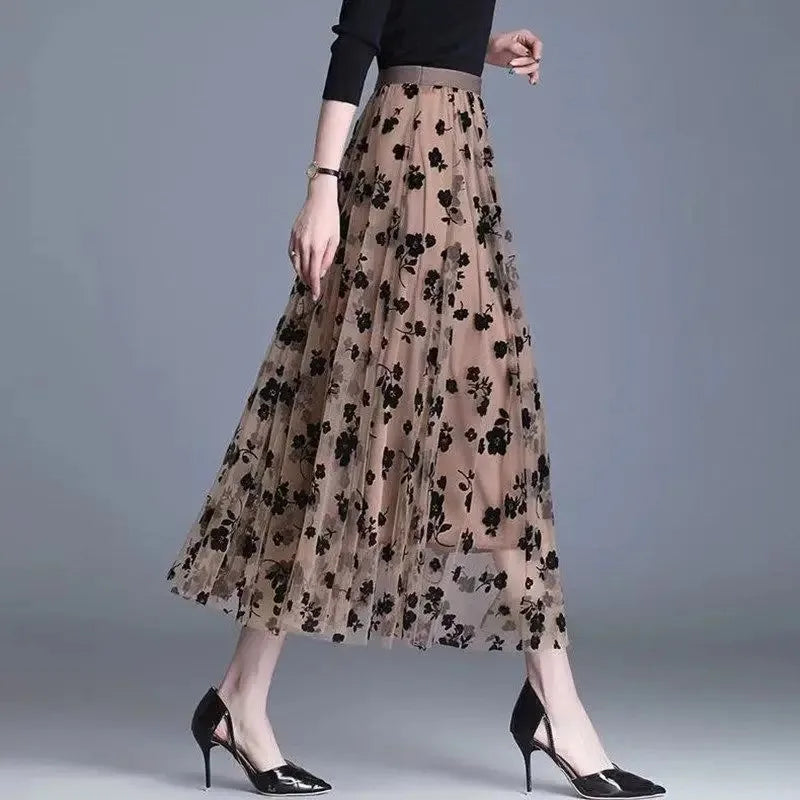 Gauze skirt floral half fairy skirt spring and summer new pleated A-line skirt in the long high waist thin gauze skirt