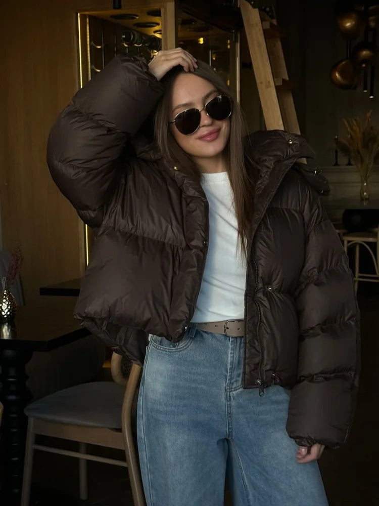 Deep Brown Short Cotton Coat Women Casual Lapel Full Sleeve Single Breasted Loose Jacket Lady 2025 Winter Office Commute Outwear
