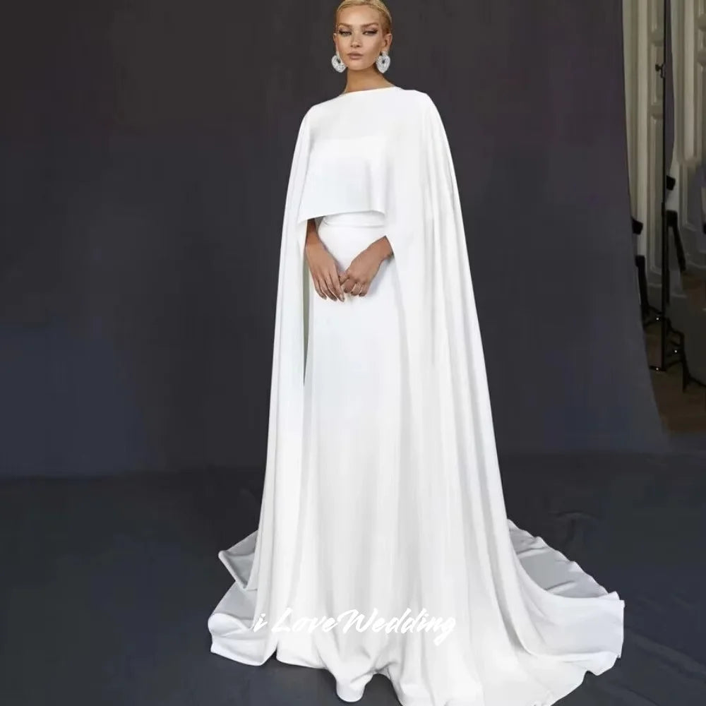 White O-Neck Wedding Dresses 2025 Shawl Mermaid Saudi Arabia Sweep Train Floor-Length Pleated Wedding Party Dresses Customized