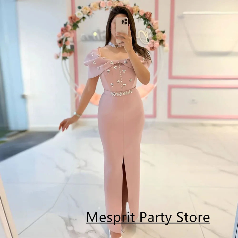 Arabian Evening Dress Crystal Customized Off The Shoulder Front Slit Ankle Length Party Dresses for Dancing Prom Gown