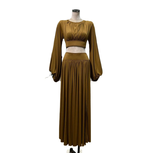 IEQJ Fashion Brown 2 Piece Set Women's Round Neck Pleated Long Sleeves Short Tops High Waist Skirt Suit Autumn New 3A277