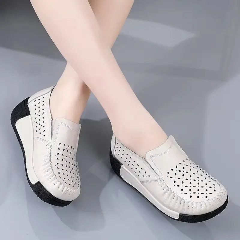 2025 Platform Flat Shoes for Women Slip on Hollow Out Genuine Cow Leather Swing Shoes Shallow Ladies Casual Footwear