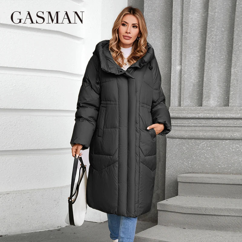 GASMAN 2024 Winter Down Jacket Women Long Classic zipper Design Pocket Stand Collar Hooded Slim Coat Women Parkas 88590