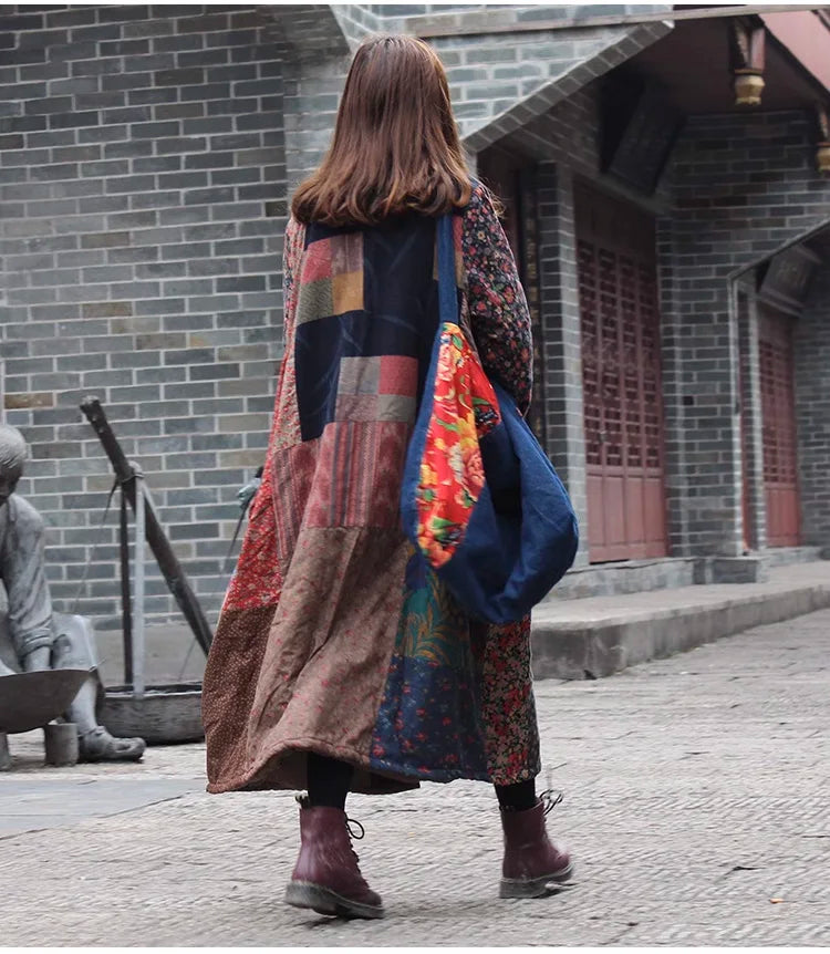 LZJN Women's Winter Single-breasted Cotton Jacket Traditional Chinese Coat Long Patchwork and Cotton Thick Jacket