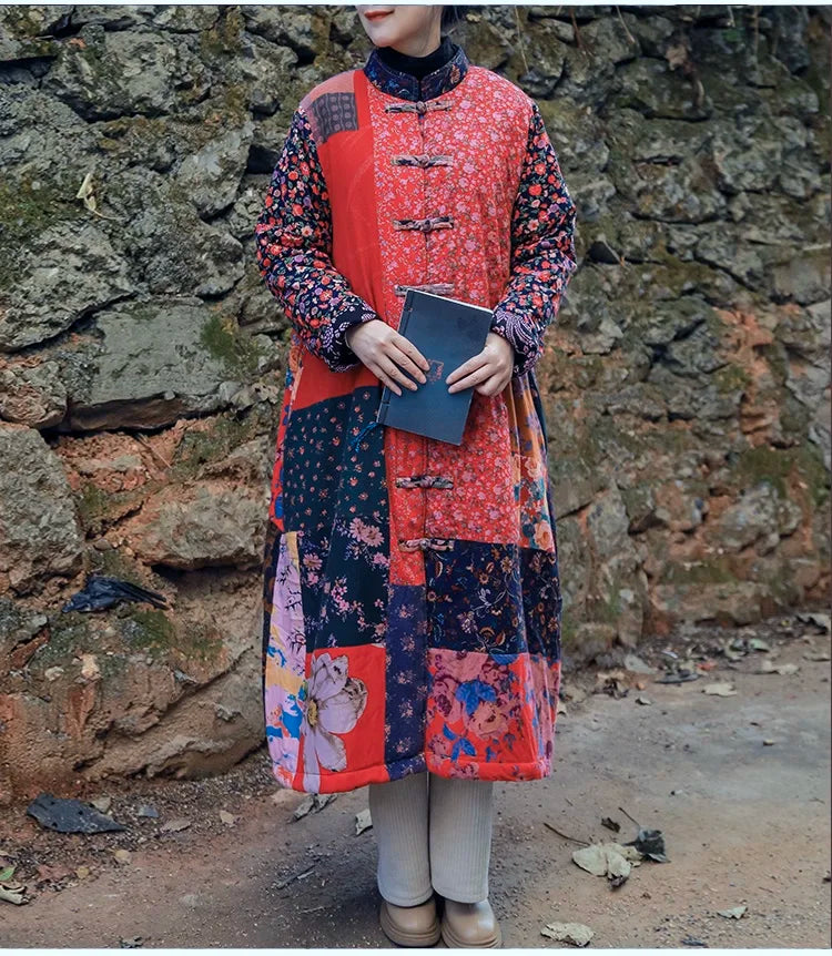 LZJN Women's Winter Single-breasted Cotton Jacket Traditional Chinese Coat Long Patchwork and Cotton Thick Jacket