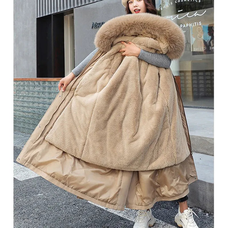 Women Winter Jacket Hooded X-Long Thick Faux Fur Padded Parkas Woman Distachable Plus Size Coat kurtka puchowa damska z futrem