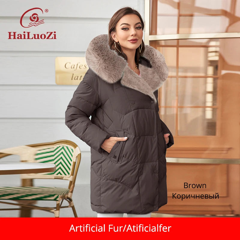 HaiLuoZi 2023 New Winter Down Jacket Warm Hood with Detached Fur Short Female Outwear Elegent Solid Color Thick Coats Women 1158