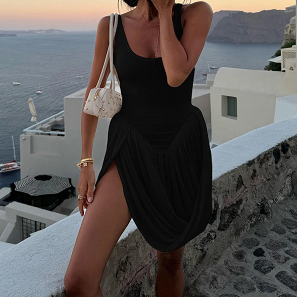 BKLD 2024 Autumn Sleeveless Sexy Female Mini Backless Dresses Slim Night Club Party Elegant Women's Folds Dress Bodycon Vestidos