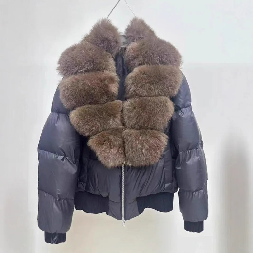 Winter Natural Big Fur Collar Down Jacket Female Warm Thick Quilted Cotton Jacket Women 90 White Duck Down Zipper Parker Outwear