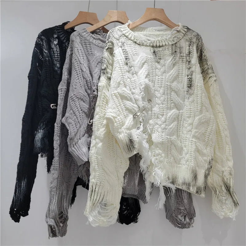 DEAT Women's Knitted Pullover Loose Broken Holes Split Irregular Long Sleeve O-neck Sweaters 2025 New Fashion Autumn 29A2892