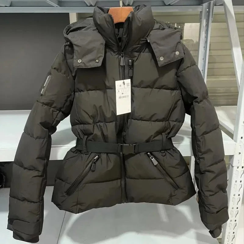 2025 New Women's Ski Series Stand-up Collar Hooded Down Cotton Jacket With Belt Winter Waist Warm Windproof Cuffs Commuter Coats