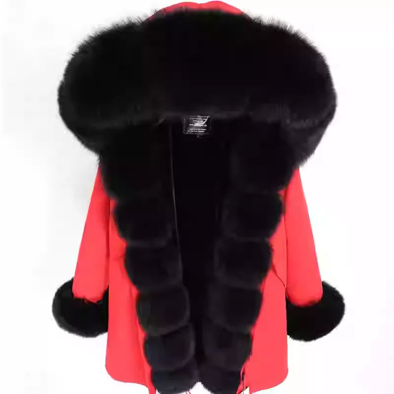MaoMaoKong Natural Real Fox Fur Jacket Hooded Black Waterproof Woman Winter Warm Coat Parkas Luxury Jacket Female Clothing