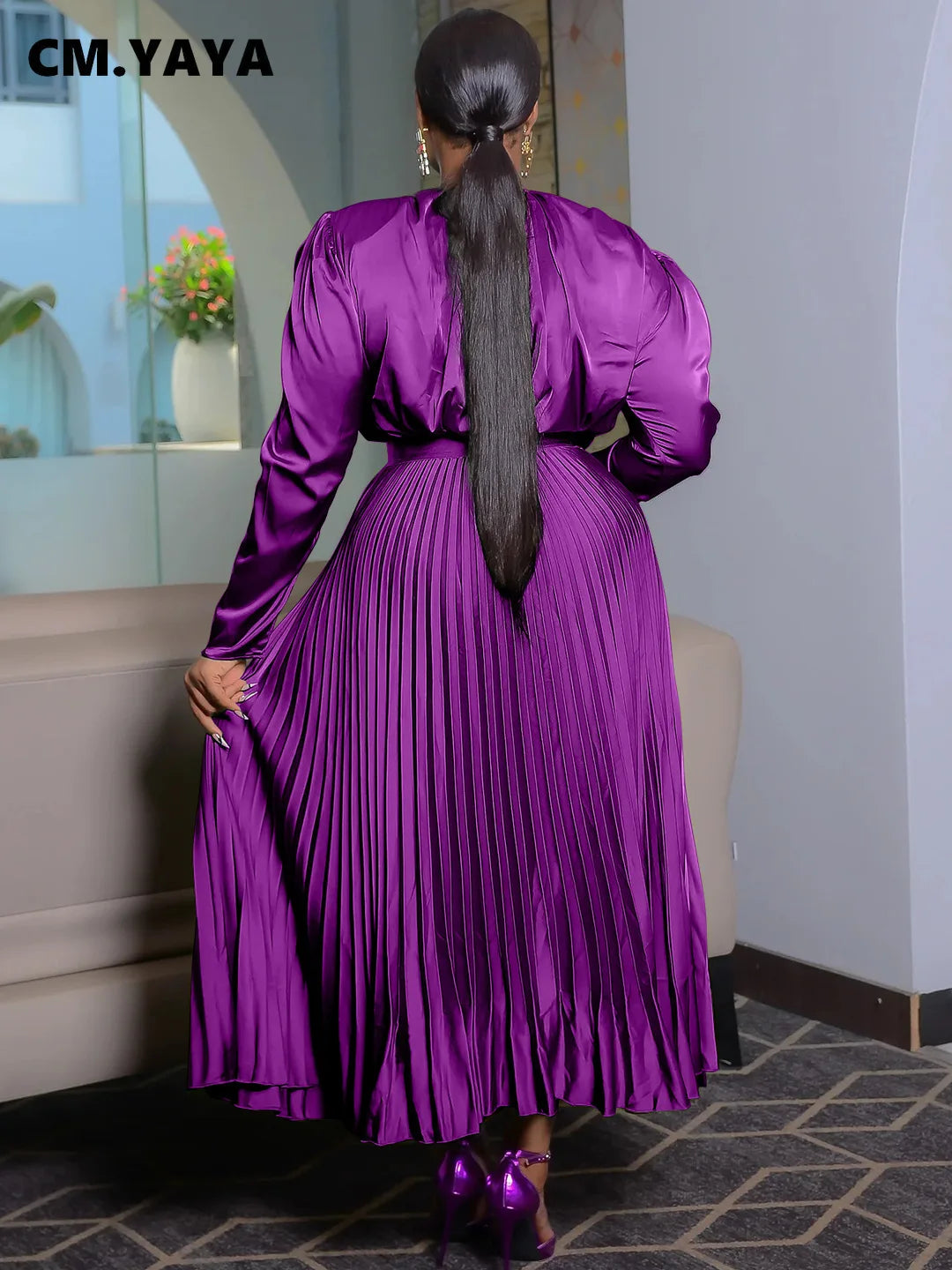 CM.YAYA Plus Size Women's Dress Set Long Sleeve V-neck Blouse and Pleated Maxi Long Skirts Suit Birthday Two 2 Piece Set Outfits