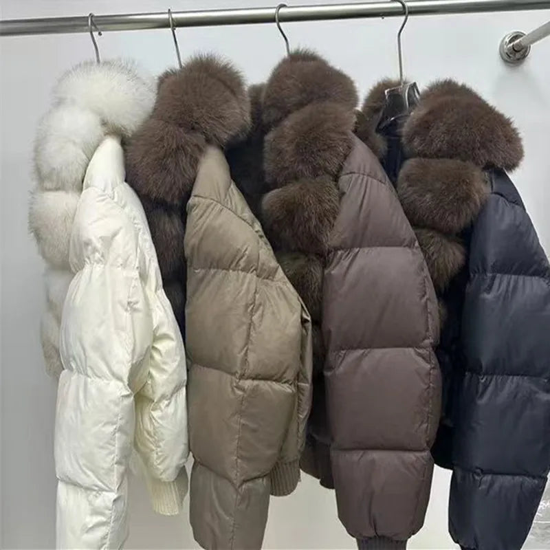Winter Natural Big Fur Collar Down Jacket Female Warm Thick Quilted Cotton Jacket Women 90 White Duck Down Zipper Parker Outwear
