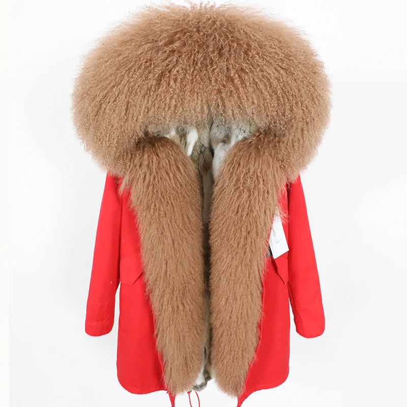 Maomaokong 2023 Winter Women Parkas Real Fur Long Coat Outwear Large Raccoon Fur Collar Thick Warm Jacket Rabbit Lining Hooded