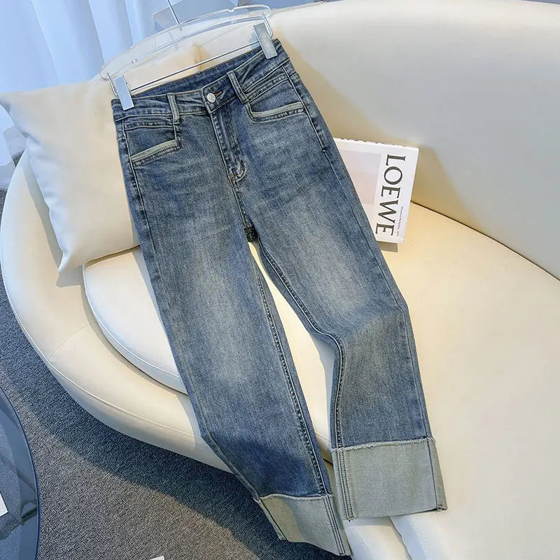 2025 Spring Autumn Women's Jeans High Waist Slim Fit Flipped Panel Elastic 9-point Pipe Pants Female Denim Straight Trousers