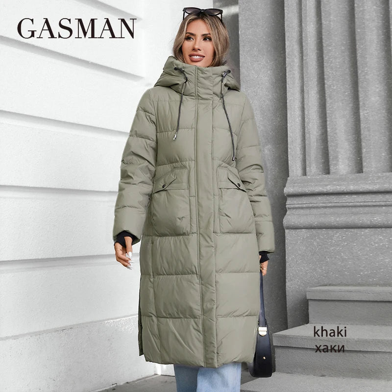 GASMAN 2024 Women's jacket long Fashion Grace women winter down jackets Zipper pocket with belt parka high quality outwear 88602