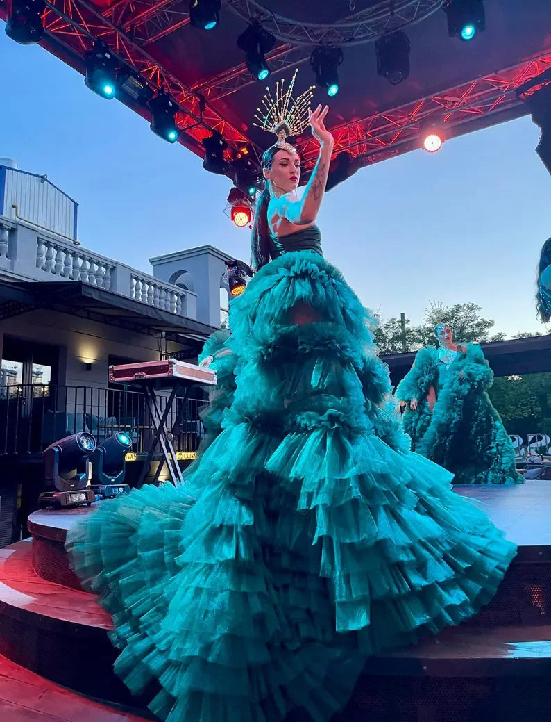 Handmade A-line Long Ruffles Trimmed Tulle Skirt Women Maxi Skirt Dramatic Dance Show Performance Skirt