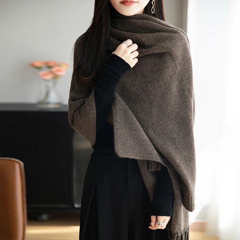 2025 Autumn Winter New 100% Pure Wool Shawl Cardigan, Women's Tassel Jacket, Loose Cape, Versatile, Stylish Highend Korean Style