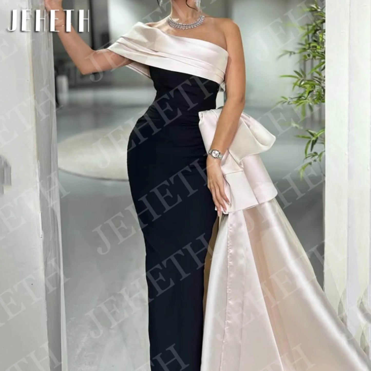 JEHETH Black and White Evening Dress Formal Elegant Saudi Arabia One Shoulder Mermaid Party Dresses Women Customized فساتين سهرة