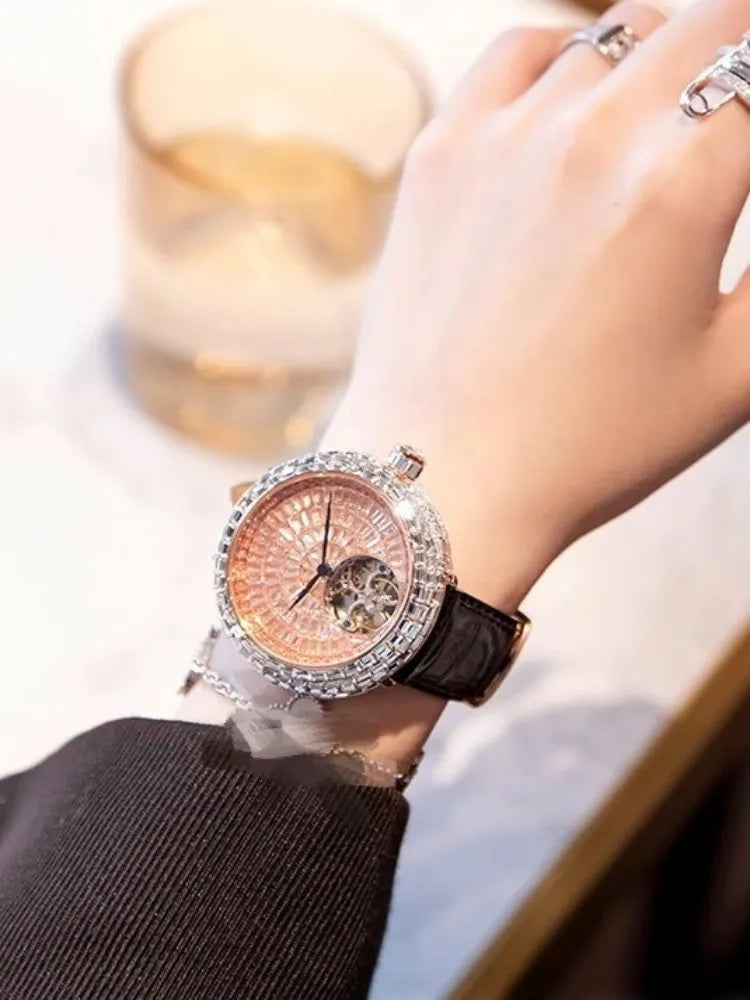 Ladies Fashion Mechanical Watch Designer New Elegant Luxury Diamonds Genuine Leather Strap Needle Buckle Women Fine Wristwatch