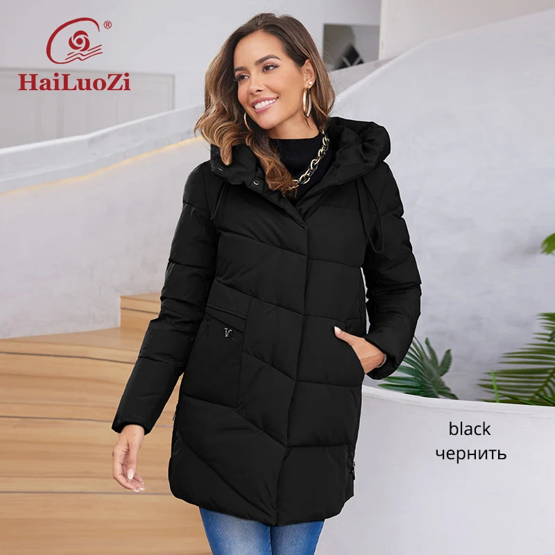 HaiLuoZi 2023 New Women Winter Jackets Warm Hooded Thick Bio-Cotton Female Parkas Solid Color Big Pockets Women‘s Coats 1139