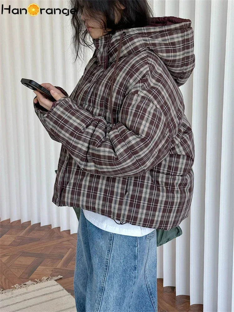 HanOrange 2024 Winter Fashion Retro plaid Hooded Cotton Jacket women Comfortable Warm Loose Women Coat