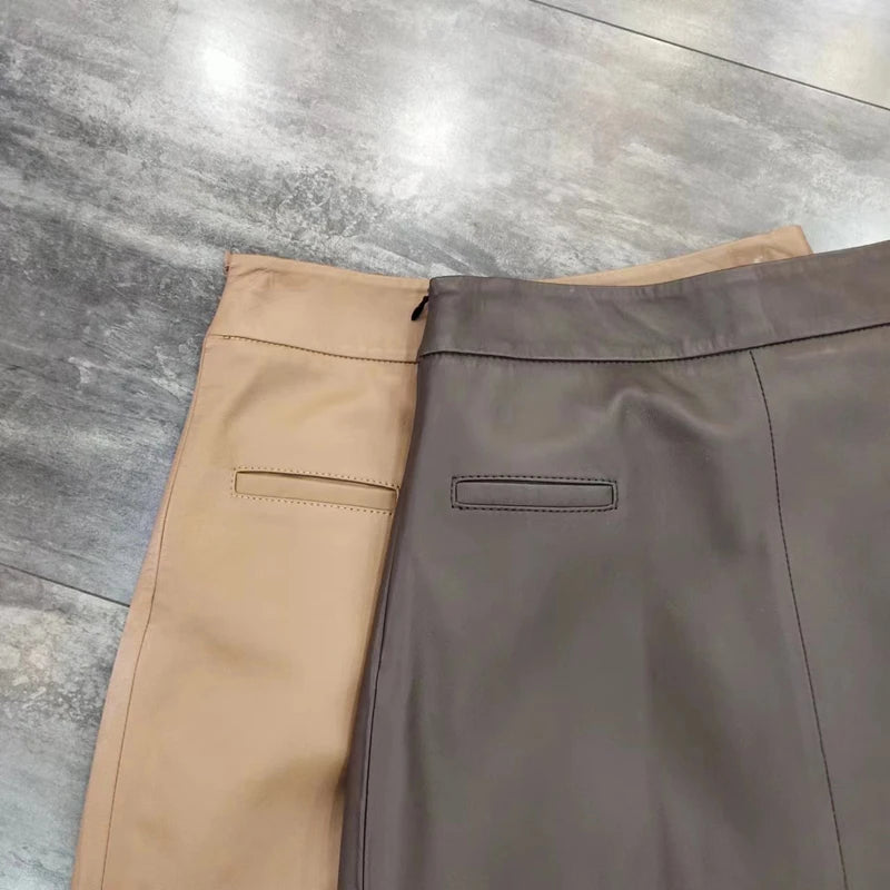 Spring New Genuine Leather Skirt For Women High Sense Vintage A-line 70 cm Jupe Longue Femme Simple Maxi Apricot Black Etekler