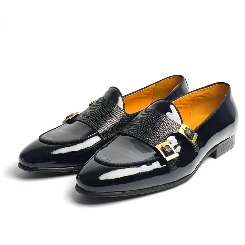 Men's Patent Leather Loafers Elegant Monk Buckle Slip-On Dress Shoes for Wedding,Party & Formal Events Casual Genuine Leather